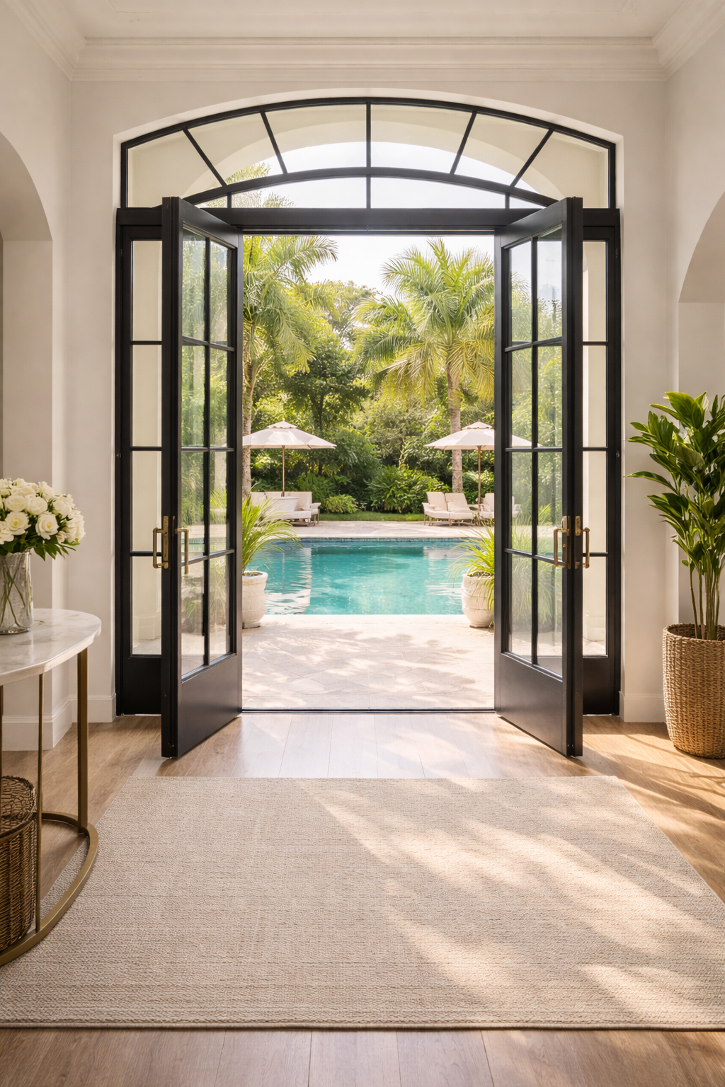 Elegant entryway with lush pool view